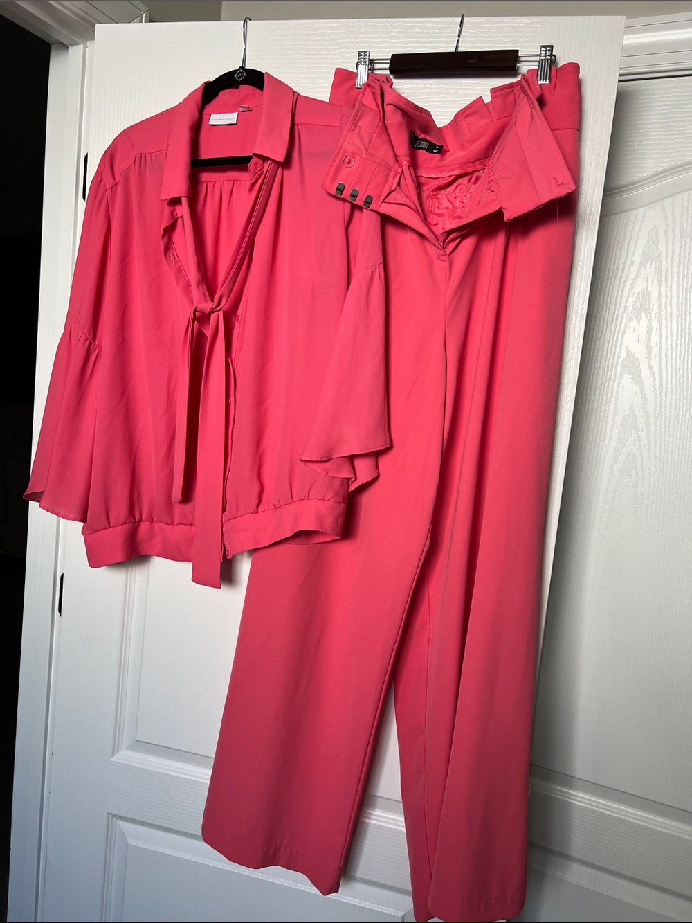 New York & Company Coral Pink Tie-Neck Blouse with High-Waist Wide-Leg Pants